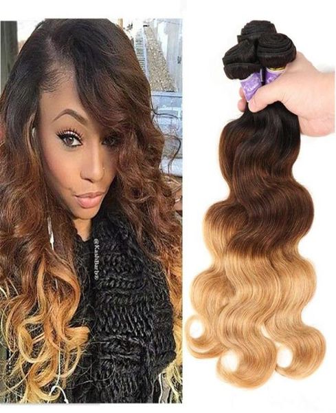 Trois tons Ombre brésilienne vierge vague de corps cheveux tisse 1B427 brun blond faisceaux humides et ondulés extensions de tissage de cheveux humains9210554