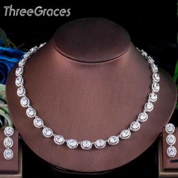 ThreeGraces Elegant Wit Cubic Zirconia Silver Color Earring en Ketting Sets voor Dames CZ Crystal Bruiloft Sieraden TZ560 H1022