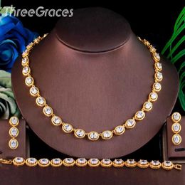 Driegrassen Prachtige Nigeriaanse Goud Kleur 3 stks Wit Big Ronde CZ Dames Bruiloft Ketting Oorbel Armband Sieraden Set TZ561 H1022