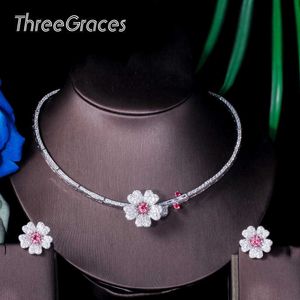 ThreeGraces, joyería nupcial de alta calidad para boda, blanco, rosa, circonita cúbica, collar de flores, pendientes, conjuntos para mujer TZ531 H1022