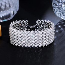 ThreeGraces luxe brillant cubique zircone couleur argent grand large mariage Bracelet de mariée pour les femmes mode robe de bal bijoux BR273 240105
