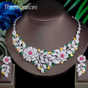 ThreeGraces Noble Big Flower Cubic Zirconia Choker Statement Bruids Afrikaanse Bruiloft Ketting Oorbellen Sieraden Set JS637 H1022