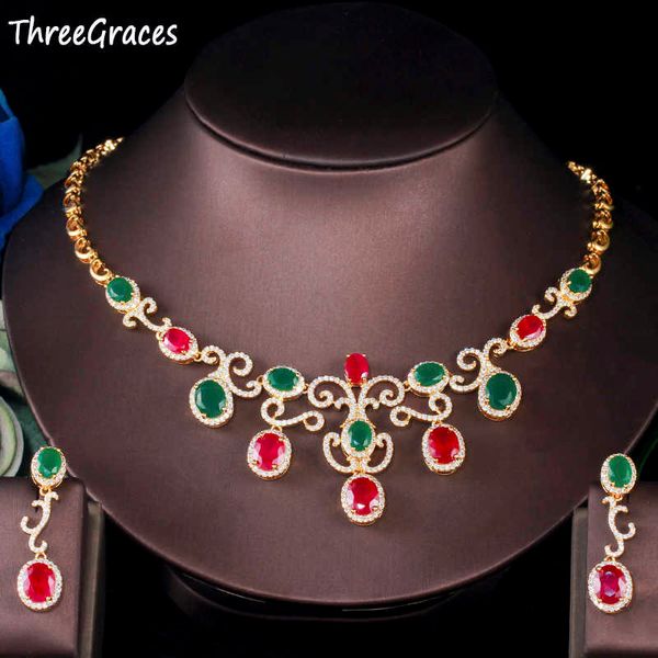 ThreeGraces Noble Verde Rojo Oval Cubic Zircon Nigeriano Dubai Oro Nupcial Boda Collar Pendientes Conjunto de joyas para novias TZ552 H1022