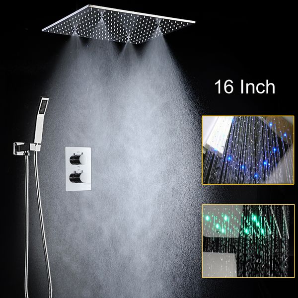 Bouchons de douche de mixage thremostatique Ensemble de douche de pluie 16 pouces 2 fonctions pomme de douche avec lumières LED 3 couleurs