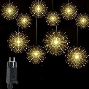 Thrisdar 10 en 1 Hanging Starburst Firework Light Outdoor Christmas Twinkle Dandelion Fairy String Light for Holiday Patio Decor 240409