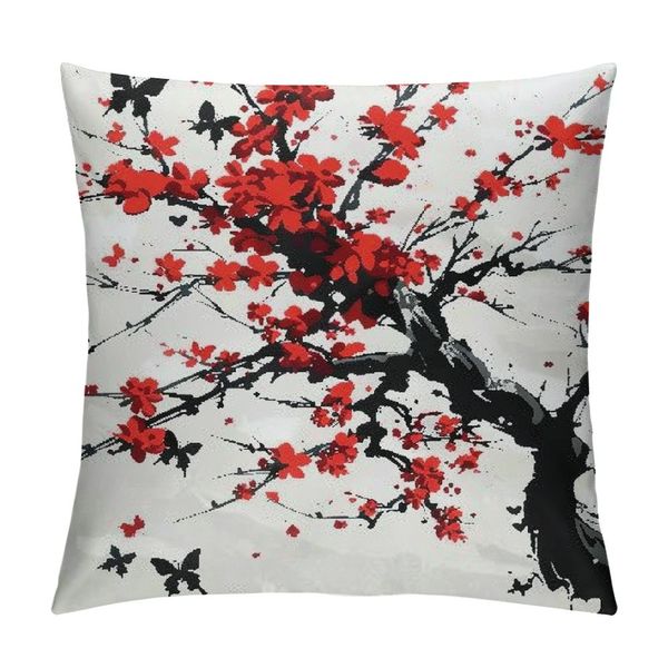 Jeter un couvercle d'oreiller branche fleurissant les papillons d'arbre à encre animal décor de peinture lombaire coussin pour canapé canapé