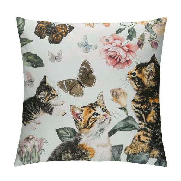Jetez la couverture d'oreiller chats et papillons bel animal mignon petit chaton pivoine florale décor peint à la main