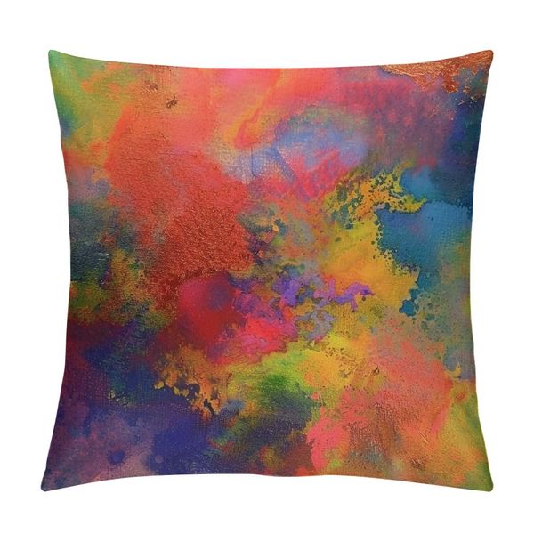 Cubiertas de almohada de lanza Pintura de resorte de naranja colorida Red Blue Band amarilla Acuarela con manchas y rayas Púrpura abstracta cuadrada decorativa decorativa de almohada