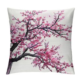 Deksel kussenkussen, tak van een bloeiende sakura boombloemen kersenbloesems veer thema kunst, decoratief vierkante accent kussensloop, roze donkerbruin