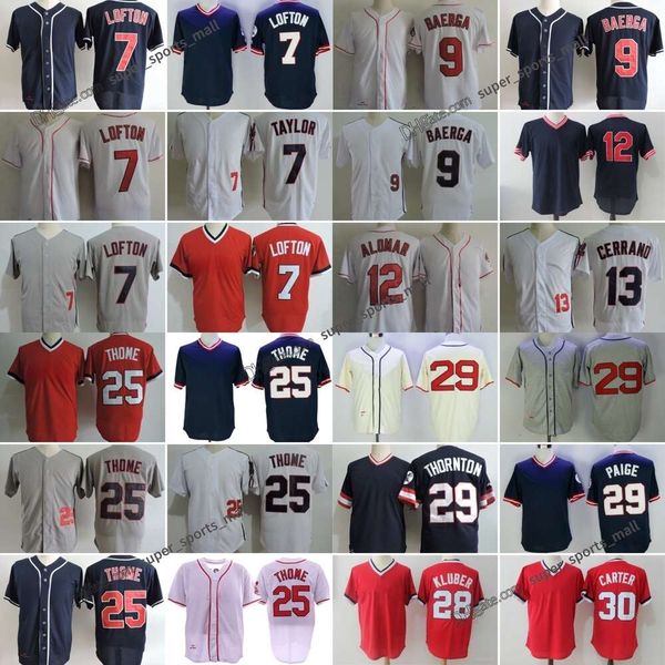 Throwback Baseball Jersey 25 Jim Thome 29 Satchel Paige 1948 12 Francisco Lindor 7 Kenny Lofton 14 Larry Doby Llomar 19 Bob Feller Cerrand Omar Vizquet 18 Duane Kuiper