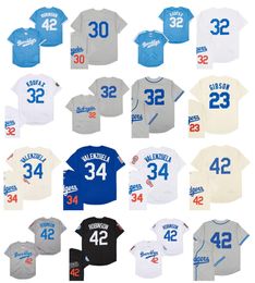 Jersey de béisbol de retroceso 42 Jackie Robinson Brooklyn 32 Sandy Koufax 34 Fernando Valenzuela 23 Kirk Gibson Cream White Grey Tamaño S-4XL