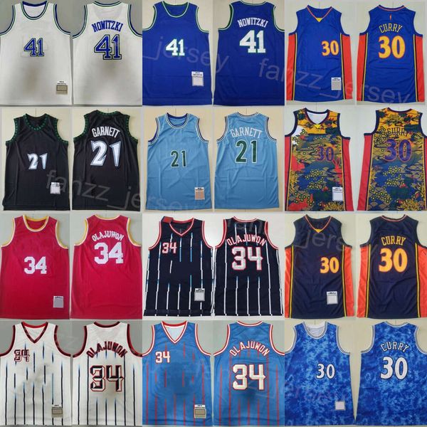 Throwback Basketball Rétro Dirk Nowitzki Jersey 41 Hakeem Olajuwon 34 Stephen Curry 30 Kevin Garnett 21 Chemise de broderie Vintage Athletic Wear Man Top Qualité