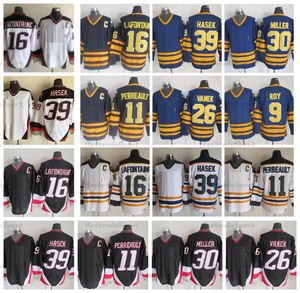 Vintage Heren 16 Pat LaFontaine 11 Gilbert Perreault Hockey Jerseys 39 Dominic Hasek 26 THOMAS Vanek 9 Derek Roy 30 RYAN MILLER Retro Zwart Wit Marineblauw Donker Jersey