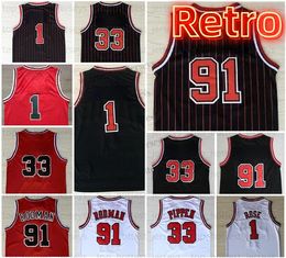 Throwback Dennis 91 Rodman Retro Scottie 33 Pippen Basketball Jersey Hommes Blanc Rouge Noir Rayures # 1 Derrick Rose Maillots Tous Cousu Hommes T-shirt Uniforme Top