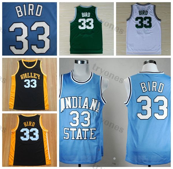 Mens Indiana State Sycamores # 33 Bird College Basketball Maillots Bleu clair Vintage # 7 One Dream Nation Team Larry New Valley High School Chemises cousues Vert S-XXL