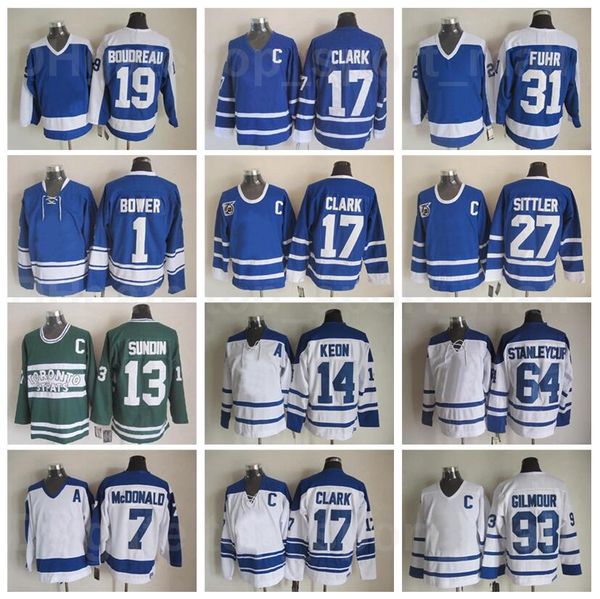 Retro Hockey 27 Darryl Sittler Jersey 17 Wendel Clark 13 Mats Sundin 93 Doug Gilmour 28 Tie Domi 7 Tim Horton 14 Dave Keon 1 Johnny Bower 16 Darcy Tucker Vintage CCM