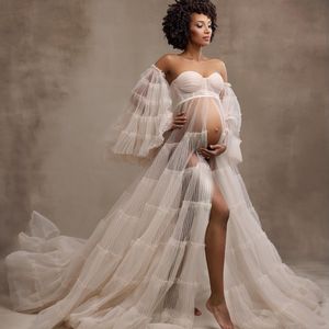 Thru See – robe de maternité plissée en Tulle, avec manches amovibles, robe de bal en cœur, fendue sur le devant, séance photo, Lingerie Boudoir