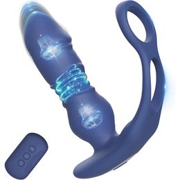 Plug anal de poussée pour hommes avec anneau de pénis, vibrateur anal à distance, stimulateur de prostate vibrant télescopique, jouet sexuel 240202