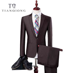 Tian Qiong goedkope nieuwste jas broek ontwerpt hoogwaardige polyester en viscose business casual mannen blauwe, bruine pakken, jas + broek x0909