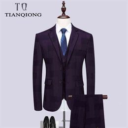 Tian Qiong Purple Business Men Past Custom Made Wedding Suits Heren Pak Slim Fit Gekeerde Revers Grooms Set (Jacket + Pants + Vest) X0909