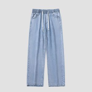 Tian Si Lai Sai Er Jeans heren zomer elastische taille Casual lange broek Trendy losse lichtblauwe broek met rechte pijpen