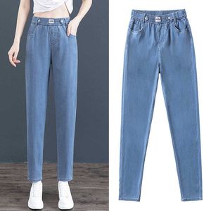 Tian Si Ice Cool Jeans Dames 9-punts hoge taille elastische Haren Radijs-broek met wijde pijpen