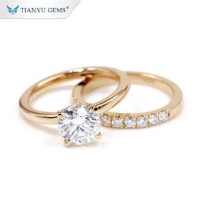 Tianyu joyería fina personalizada 585 750 macizo auténtico oro amarillo mossanita boda solitario anillo de compromiso conjunto para mujer