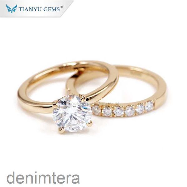 Tianyu joyería fina personalizada 585 750 macizo auténtico oro amarillo mossanita boda solitario anillo de compromiso conjunto para mujer RK8X