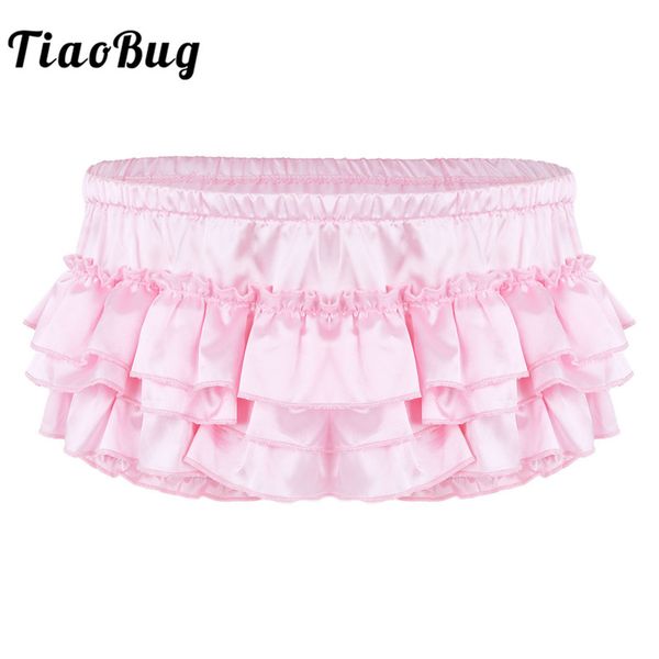 TiaoBug hommes Lingerie doux brillant Satin à volants Bloomer à plusieurs niveaux jupe culotte Sexy Sissy slips sous-vêtements Gay érotique culotte