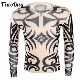 TiaoBug doux Oneck voir à travers à manches longues faux tatouage conception élastique Sexy hommes t-shirt mâle fantaisie fête Costume 240304