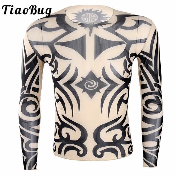 TiaoBug Soft Oneck Ver a través de manga larga Diseño de tatuaje falso Elástico Sexy Hombres Camiseta Hombre Disfraz de fiesta de lujo 240304