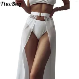 Tiaobug Femmes Cover-up Belly Beach Wrap Jirt Sheer Swimsuit High Waist Boucle ceinturée Split Bikini Robe de natation à demi-longueur