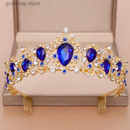 Tiaras Ailibride Tiara Queen Crown Bridal Hair Sieraden Blue Crystal Rhinestone Tiaras en kronen voor bruidsbruiloft haaraccessoires Y24019