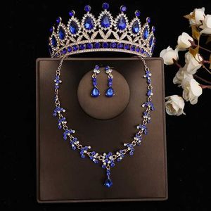 Tiaras Baroque Bridal Rhinestone Crown Tiaras for Women Wedding Princess Queen Blue Crystal Tiaras Collier Boucles d'oreilles