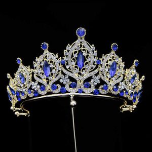 Tiaras Bridal Blue Crystal Tiaras Golden Metal Crown Decoratie Coronas Bruiloft Sieraden Tiaras Z0220