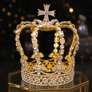 Tiara's Bruidskroon Hoofdtooi Barok Kristal Strass Gouden Ronde Kroon Koningin Tiara Kroonsieraden Feest Bruiloft Haaraccessoires Y240319