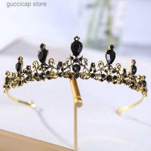 Tiara's bruiden kroon mode gouden hoofdband zwart kristal nobel temperament kroon bruiloft eenvoudige hoofdtooi Halloween vakantie dames Jood Y240319