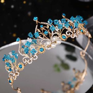 Tiaras Flower Pearl Blue Crystal Tiara Trendy Princess Crown Bruidal Diadeem Wedding Crown Tiaras Hair Sieraden HUWELIJKE HAAR ACCESSOIRES Z0220