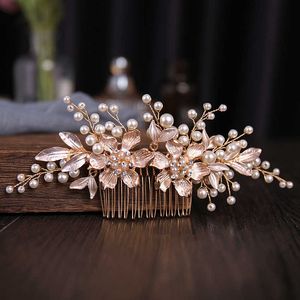 Tiaras gouden kleur kristallen bloemblad parel haar kammen bruiloft haaraccessoires luxe handgemaakte haar kam tiaras bruids haar sieraden r230306