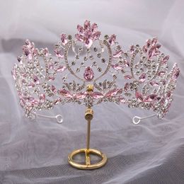 Tiaras KMVEXO Tiaras barrocas preciosas de color rosa grande con diamantes de imitación, joyería para el cabello para mujer, corona de cristal para boda, tocado de novia, joyería para fiesta Z0220