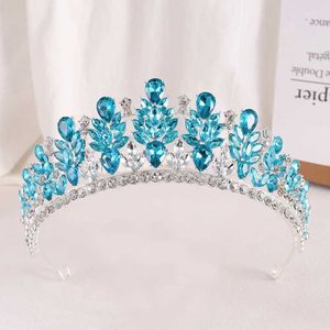 Tiaras Koreaanse luxe 16 kleuren Sky Blue Crystal Crown Bridal Headwar 2023 Nieuwe elegante koningin Tiaras Girls Wedding Jurk Hoofdbanden