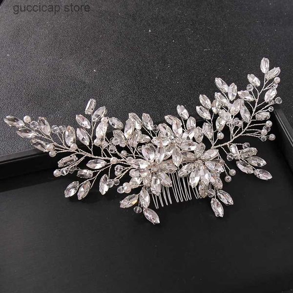 Tiaras Nuevo color plateado hecho a mano Oro rosa Tiara Peines para el cabello Peines de diamantes de imitación de cristal Accesorios para el cabello nupcial Boda Mujeres Hairbands Y240319