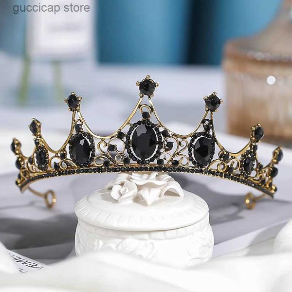 Tiaras Nueva retro corona negra moda exquisita hecha a mano Rhinestone boda princesa tocado vestido nupcial accesorios para el cabello joyería Y240319