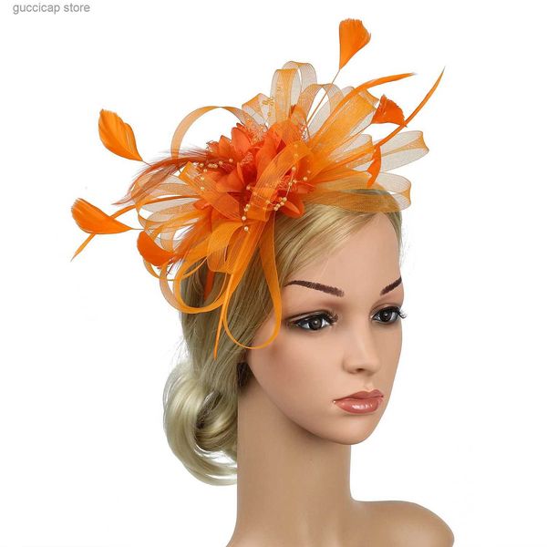 Diadèmes Nobles et élégantes pour dames, qualité mystérieuse, bandeau fascinateur en plumes de couleur ORANGE, utilisé pour porter lors de mariages ou de fêtes Y240319