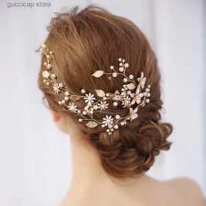 Diadèmes Perle Strass Fleur Mariée Bandeau Bijoux De Cheveux De Mariage Feuille D'or Avec Strass Fleur Bandes De Cheveux De Mariage Ornements De Cheveux Y240320