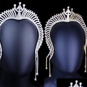 Tiaras Queen Crown FL Rijnestone Trident Crowns For Women Girls Lange Tassel Luxe Luxe Hoofddeksel Pase Play Hoofddress 1365 D3 Drop Deli DH7LV