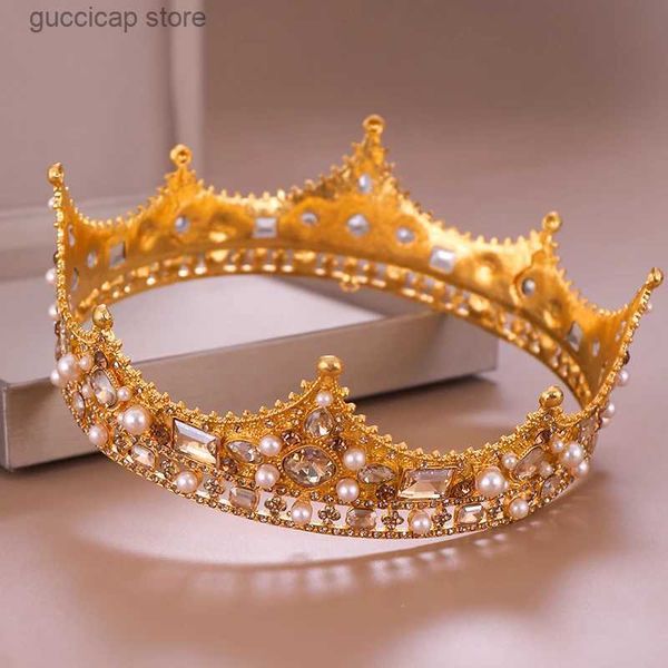 Tiaras Vintage Oro Corona Real Tiara Redonda Novia Cabeza Joyería Perla Cristal Accesorios para el Cabello Corona de Boda Adornos Diadema Diadema Y240319