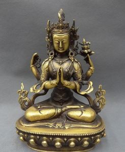 Tibet Bronze Boeddhistische Kwan-Yin Goddess Lotus 4 Arms Kwan-Yin Buddha Standbeeld