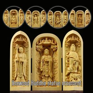 Tibet Boeddhisme Buxus Kwan-yin Shakyamuni GuanYin 3 God Boeddhabeeld Doos Opvouwbare Boeddhabeeld Doos Thuis Tempel Decor Ornament 240202