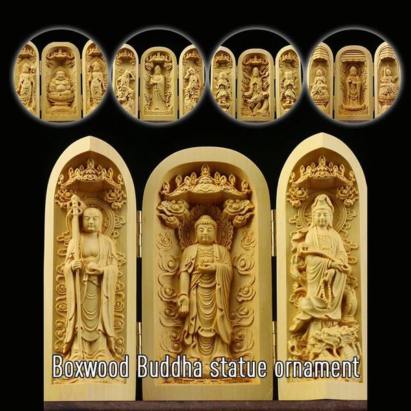 Tibet Bouddhisme Buis Kwan-yin Shakyamuni GuanYin 3 Dieu Bouddha Statue Boîte Pliant Bouddha Statue Boîte Maison Temple Décor Ornement 240202